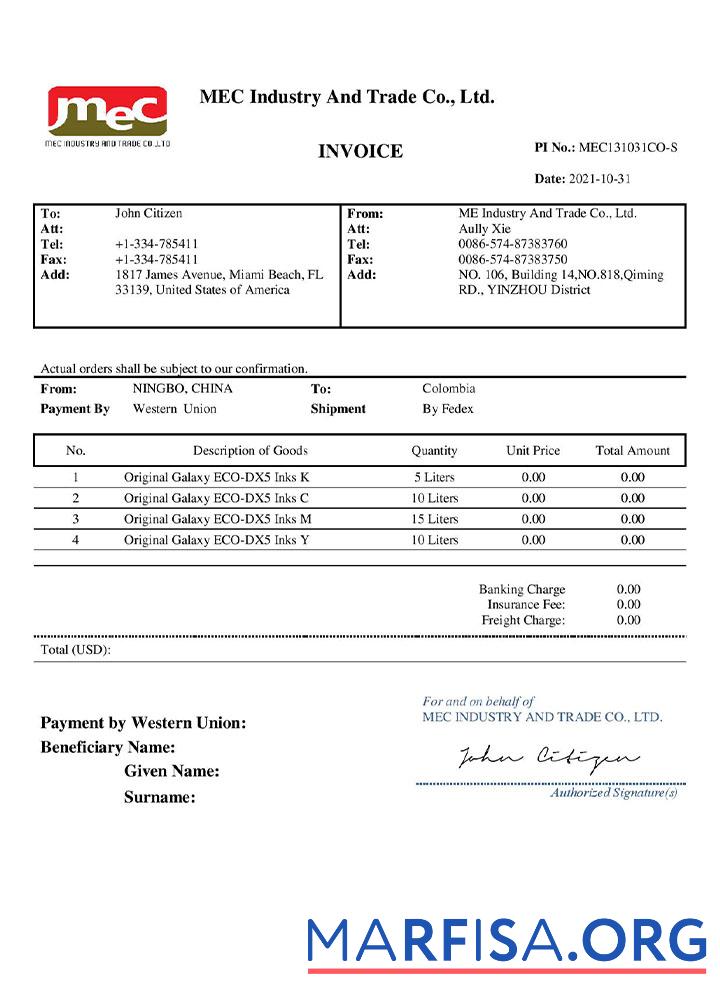 Downloadable USA MEC Industry and Trade Co template